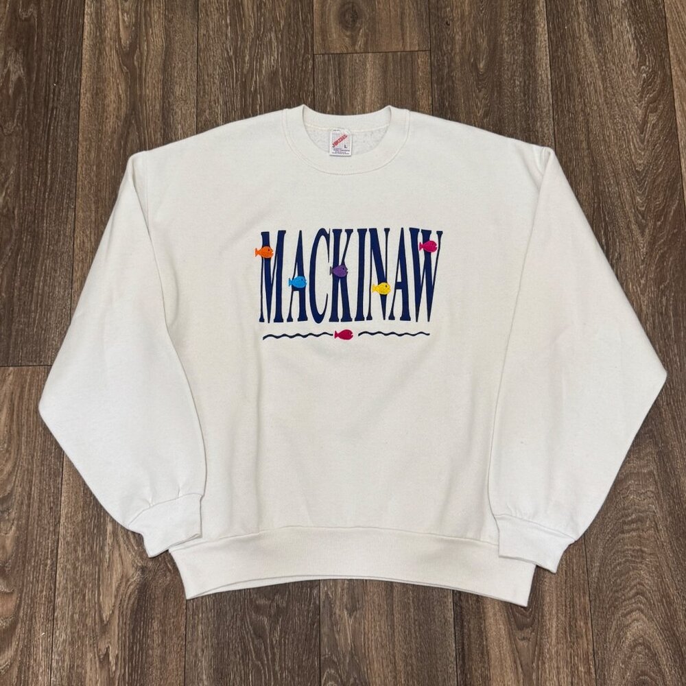 VTG Jerzees Sweatshirt Men's Large White Mackinaw Michigan Grandma Fish 90s USA